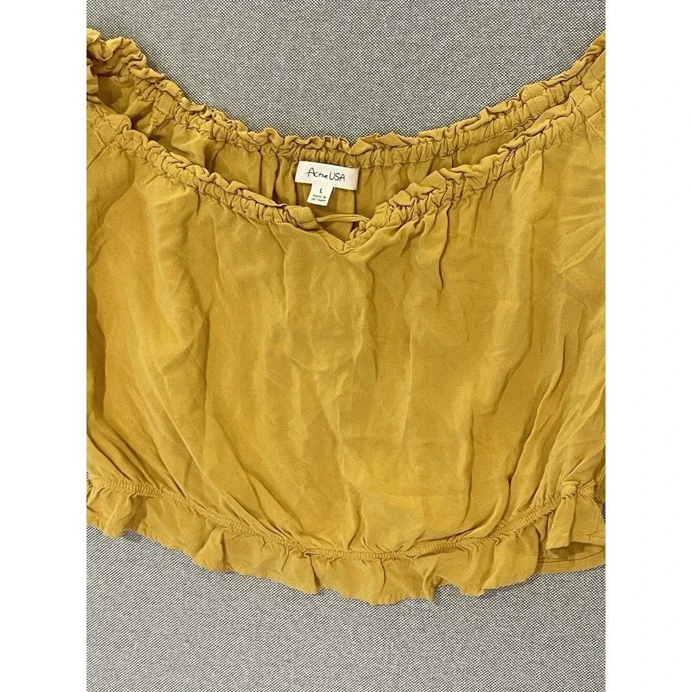 Active USA‎ Mustard Yellow Off Shoulder Crop Top Ruffle Hem Boho Stretch Large